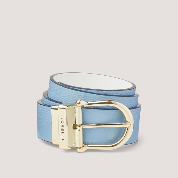 A stylish, reversible pale blue belt with a sleek gold buckle.