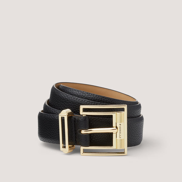 A stylish, black belt with a sleek gold buckle.