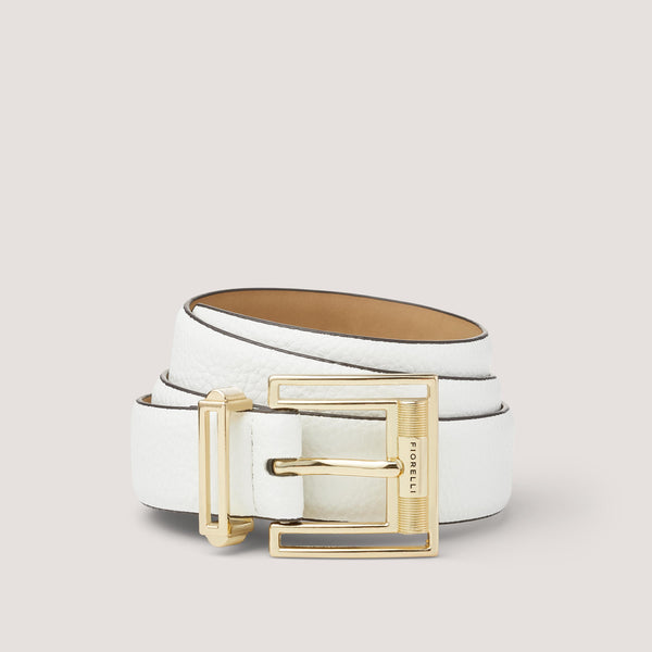 A stylish, white belt with a sleek gold buckle.