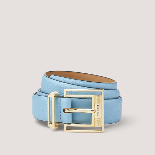 A stylish, blue belt with a sleek gold buckle.