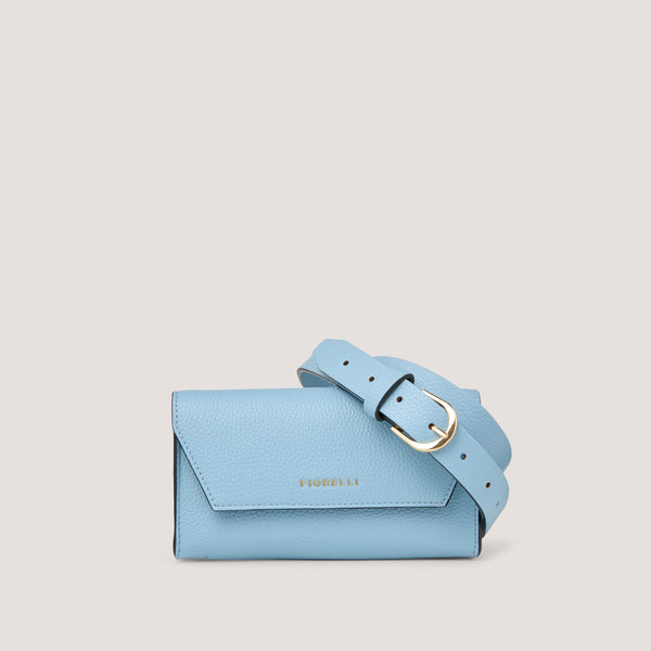 A stylish faux leather belt bag in pale blue.