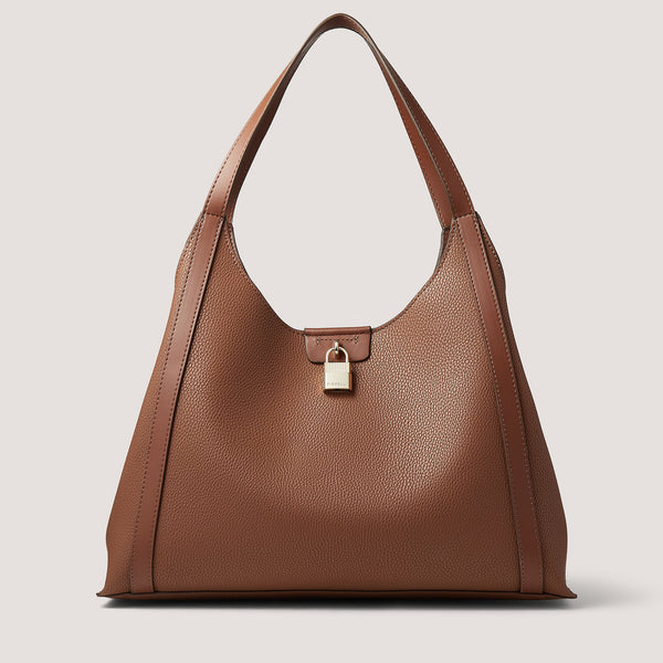 The tan Valentina tote bag has narrow handles that will rest comfortably on your shoulder and a gold-tone padlock.