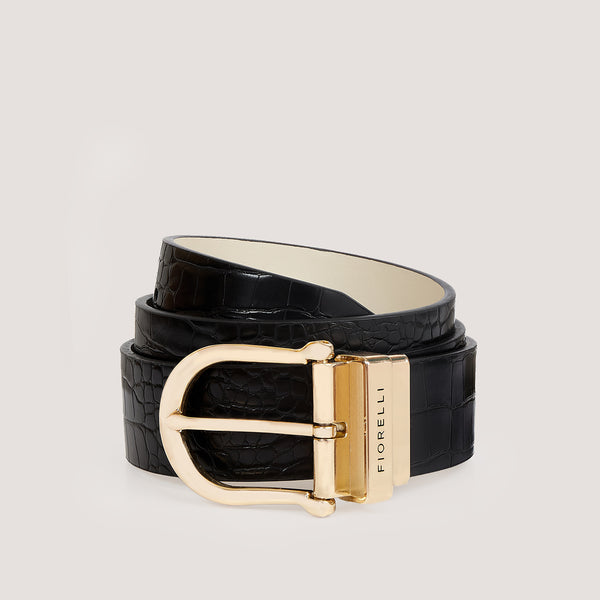 A stylish, reversible belt with a sleek gold buckle.