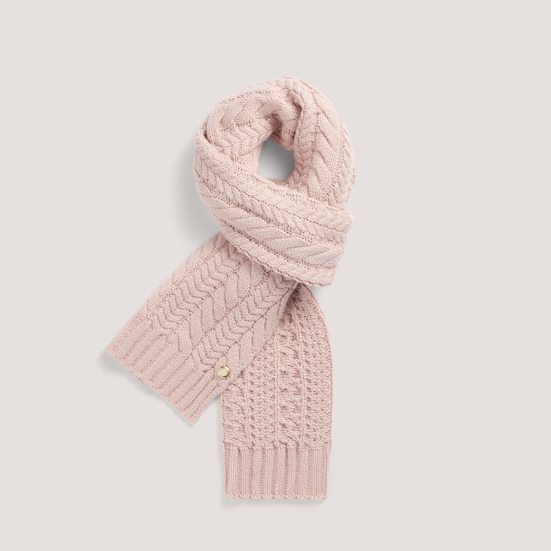 Pretty pink cable knit rectangular scarf.