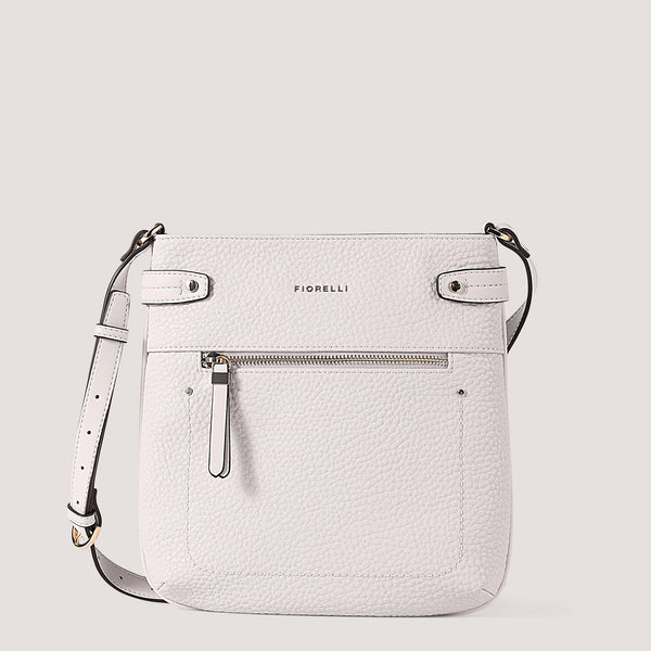 White crossbody bag with adjustable straps.