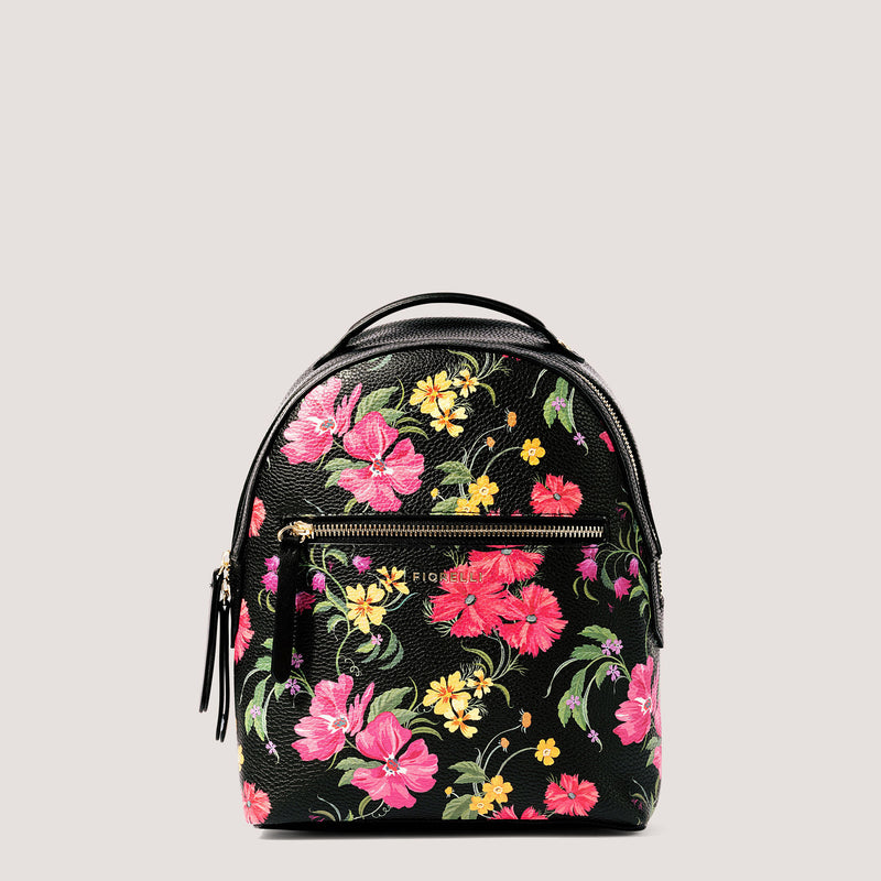 Floral print backpack with discreet compartments.