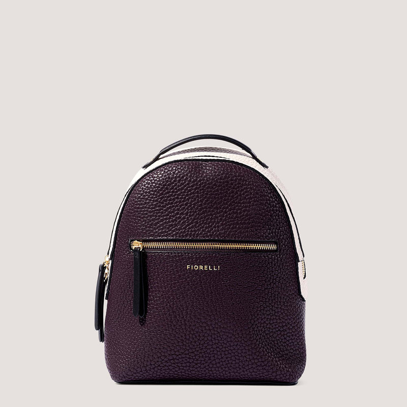 Burgundy backpack with discreet compartments.