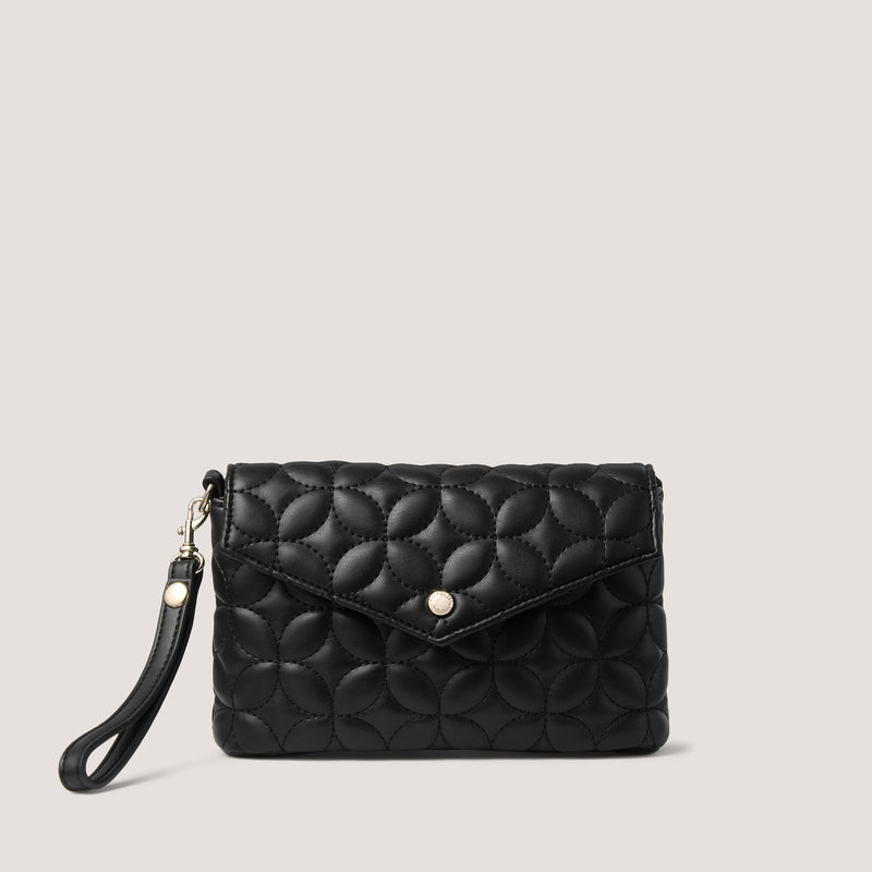 Black envelope clutch with wristlet strap.