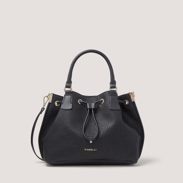 Defined by its chic drawstring closure, the black Lucia handbag is made from premium faux leather.