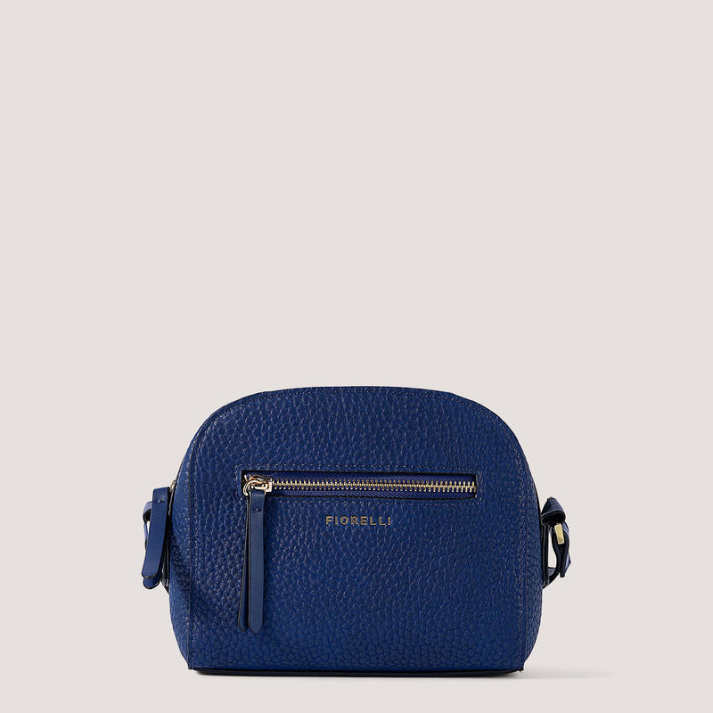 Cobalt blue crossbody bag with gold hardware.