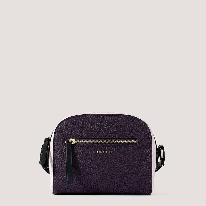 Burgundy, black and white crossbody bag with gold hardware.