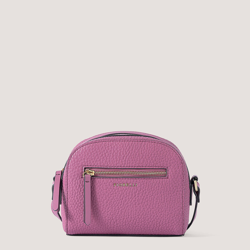 Pink crossbody bag with gold hardware.