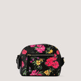 Floral print crossbody bag with gold hardware.