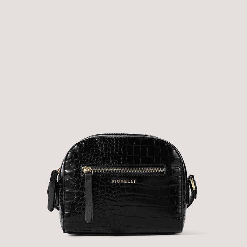 Black croc crossbody bag with gold hardware.