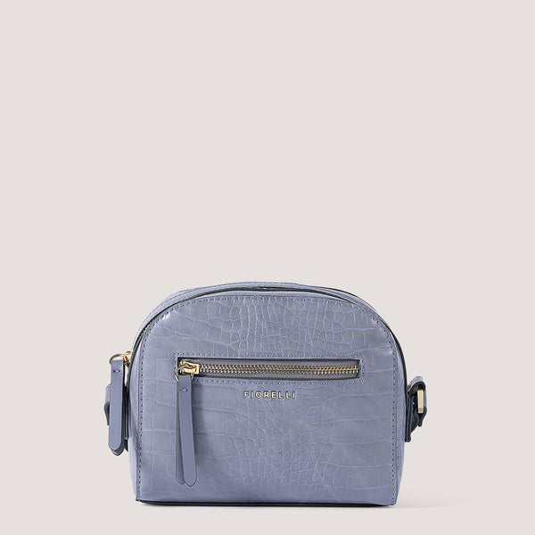 Steel blue croc crossbody bag with gold hardware.