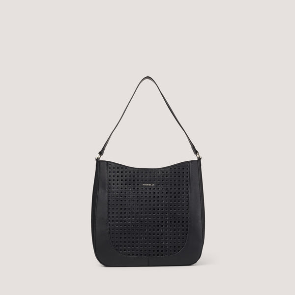 The Alma hobo shoulder bag in white is crafted from a non-leather alternative, featuring a laser-cut geometric pattern.