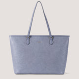 Spacious steel blue croc tote with flat base.