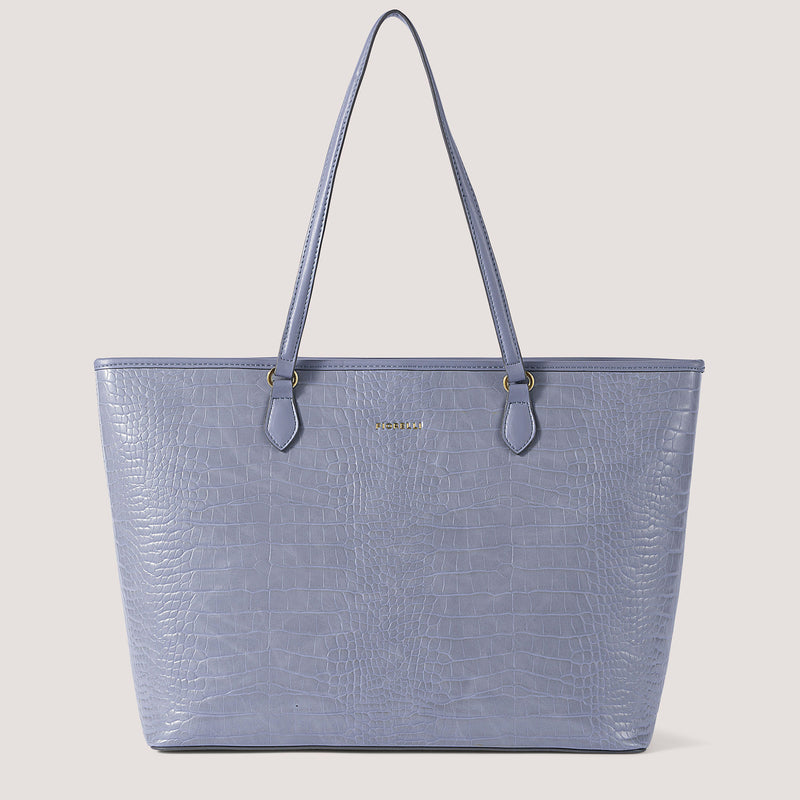 Spacious steel blue croc tote with flat base.