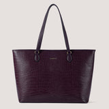 Spacious burgundy croc tote with flat base.