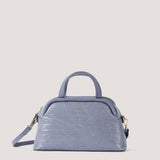 Steel blue croc top-handle crossbody bag.