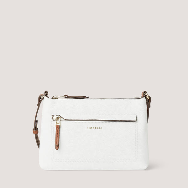 The perfect size to hold all your essentials, the white and tan Eden crossbody bag features a concealed-zip front pocket for a minimalist feel.