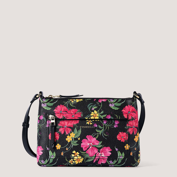 Floral print crossbody bag with concealed zip pocket.