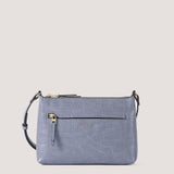 Steel blue croc crossbody bag with concealed zip pocket.