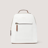 Small but mighty, the white and tan Eden bag is designed with a grab handle and adjustable shoulder straps.