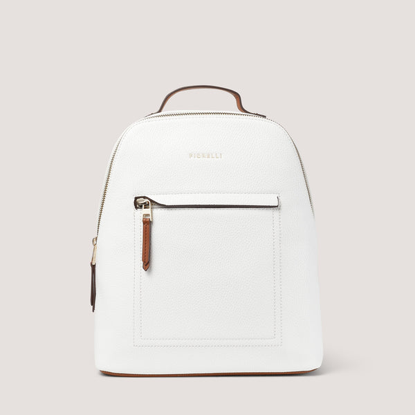 Small but mighty, the white and tan Eden bag is designed with a grab handle and adjustable shoulder straps.