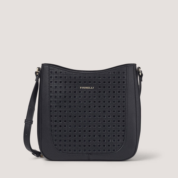 Detailed with a laser-cut geometric motif, the black Alma crossbody bag features an adjustable shoulder strap.