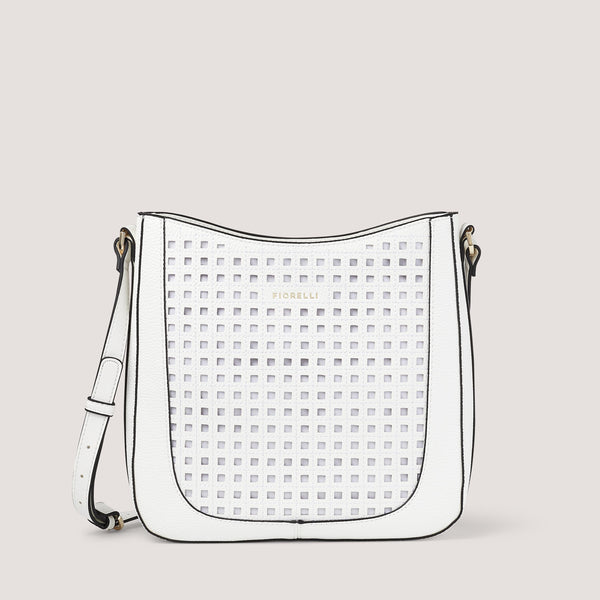 Detailed with a laser-cut geometric motif, the white Alma crossbody bag features an adjustable shoulder strap.