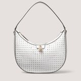 The retro-inspired curved Valentina hobo handbag in white is intricately laser-cut and has a zip closure and shiny gold-tone metal padlock.