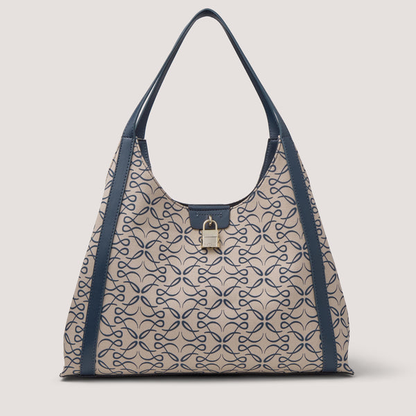 The canvas Valentina tote bag has narrow handles that will rest comfortably on your shoulder and a gold-tone padlock.
