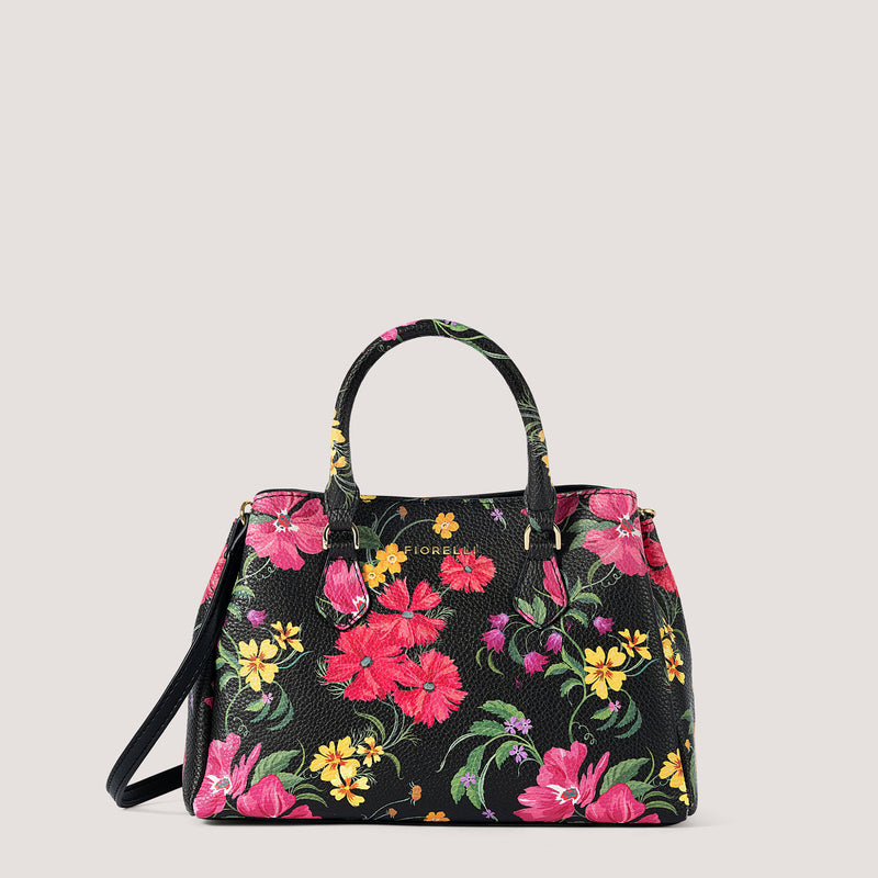 Romantic floral print mini handbag with three compartments.