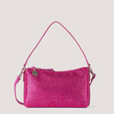 Pink mini satin shoulder bag with rhinestone crystals.