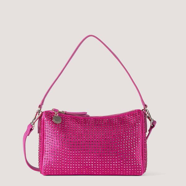 Pink mini satin shoulder bag with rhinestone crystals.