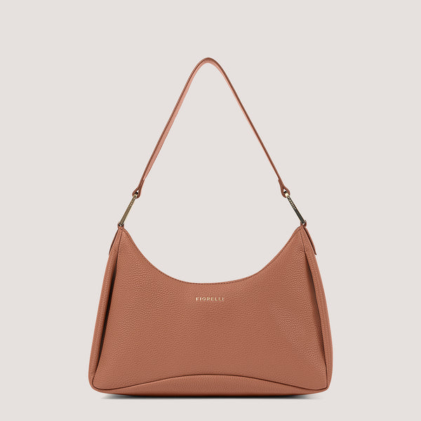 Tan small shoulder bag with elongated D-rings.