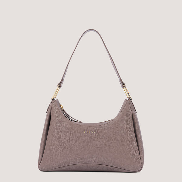 Coffee brown small shoulder bag with elongated D-rings.