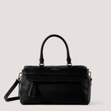 Black bowler bag with matching shoulder strap.