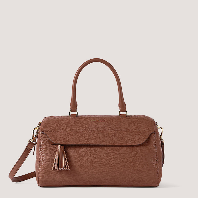 Tan bowler bag with matching shoulder strap.