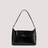 Black croc shoulder bag with magnetic flap.