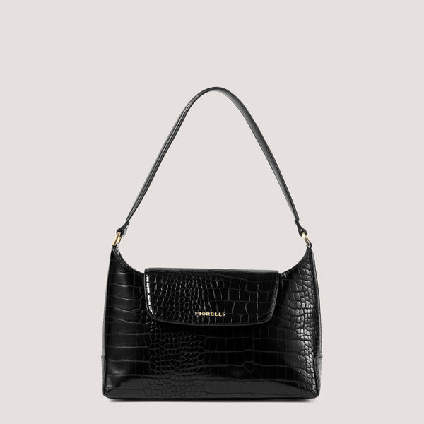 Black croc shoulder bag with magnetic flap.