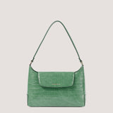 Green croc shoulder bag with magnetic flap.