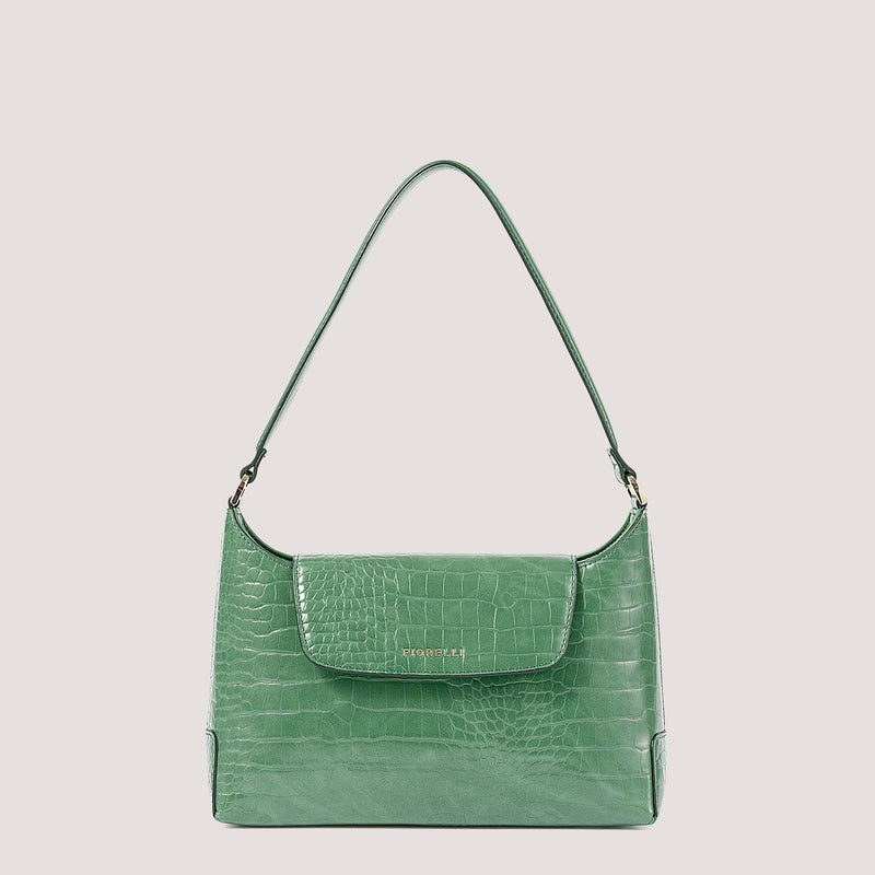 Green croc shoulder bag with magnetic flap.