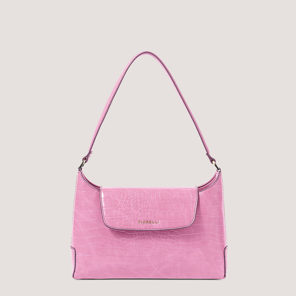 Pink croc shoulder bag with magnetic flap.