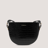 Black croc crossbody bag with a half-moon silhouette.