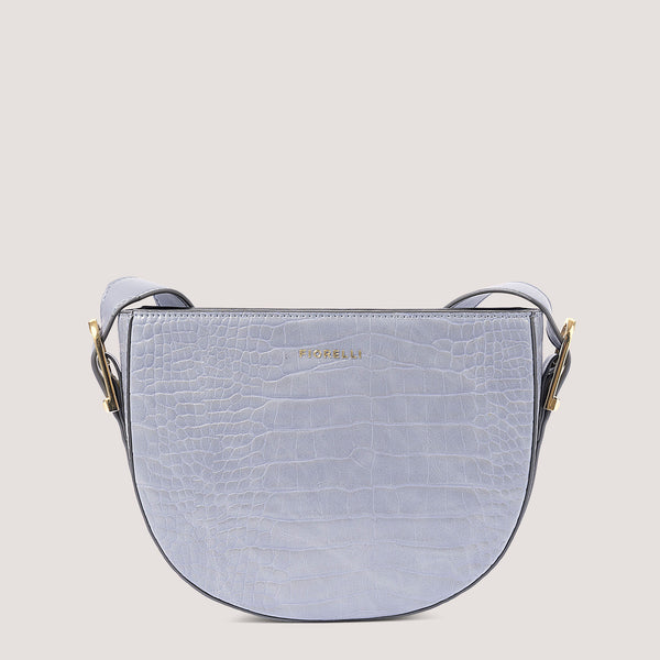 Steel blue croc crossbody bag with a half-moon silhouette.