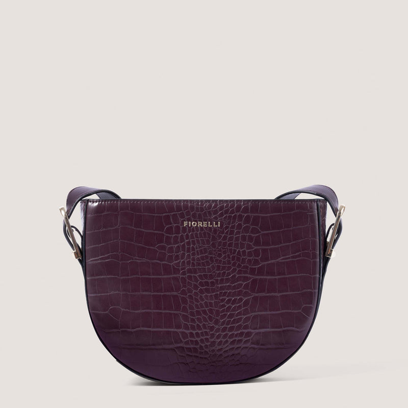 Burgundy croc crossbody bag with a half-moon silhouette.