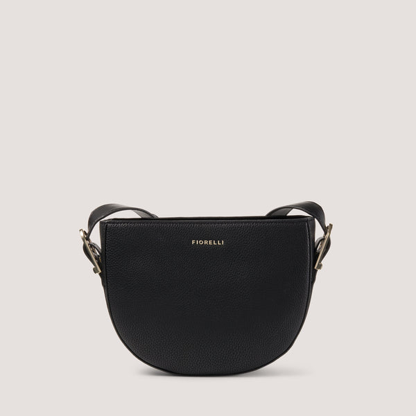 Black crossbody bag with a half-moon silhouette.