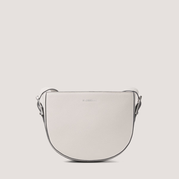 Light-stone crossbody bag with a half-moon silhouette.